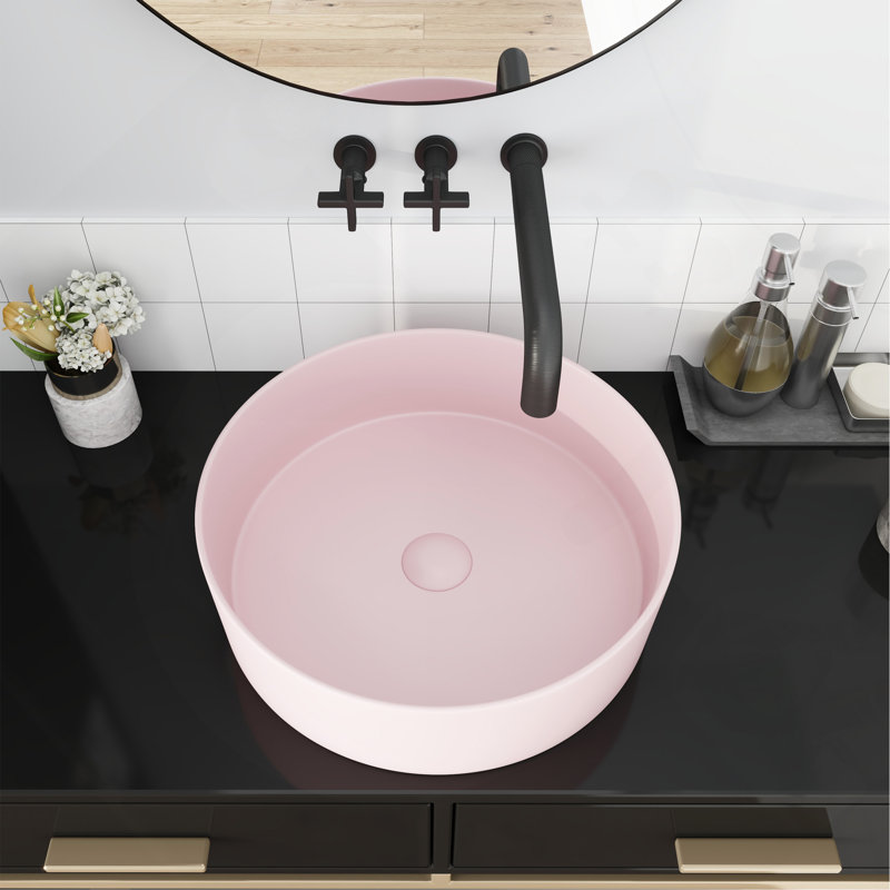 Ceramic Circular Vessel Bathroom Sink, Pink