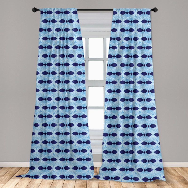 Pale Blue and Navy Fish Pattern Rod Pocket Curtain Panels