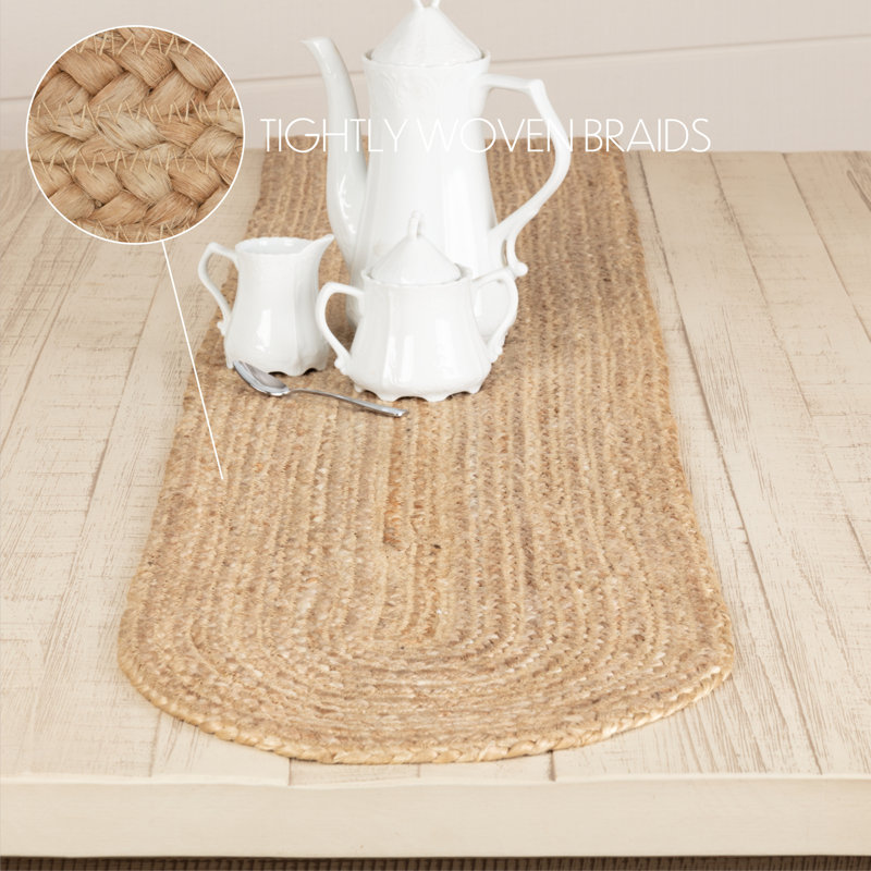 Natural Tan Braided Jute Farmhouse Table Runner, 13x90 Inches