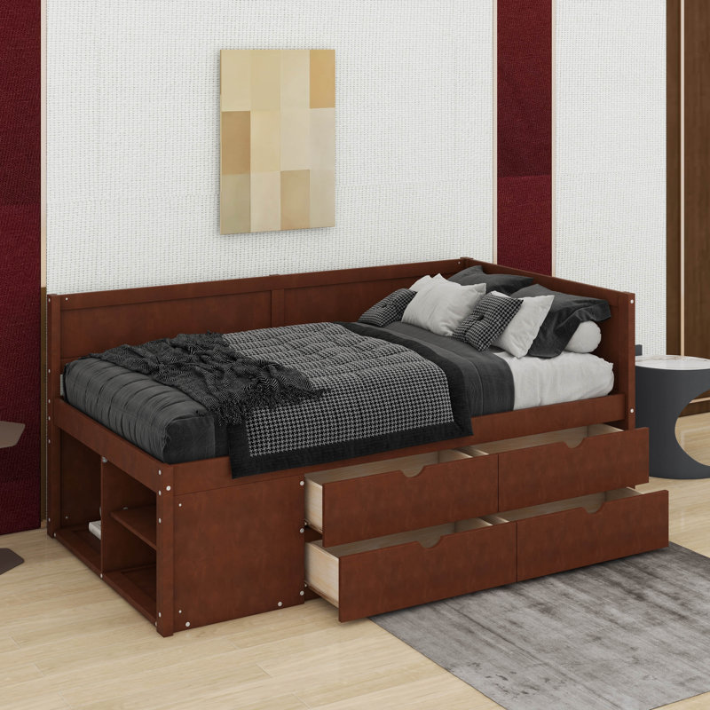 Lit de jour simple avec tiroirs et tablettes, Simple, Noyers