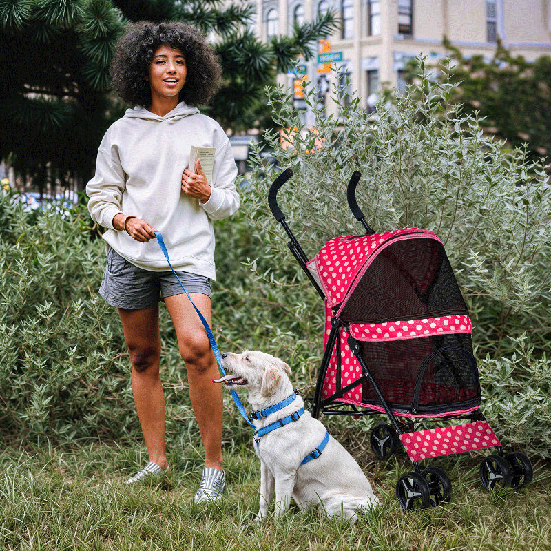 4 Wheel Folding Pet Stroller, Foldable Dog Jogger Stroller with Adjustable Canopy and Mesh Window, White/Pink
