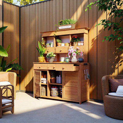 65.7'' H Tall Garden Potting Bench Table With Hutch,Patio Storage Workstation With 3 Shelves,6 Drawers,2 Bottom Cabinets&Side Hooks For Mudroom,Doorway