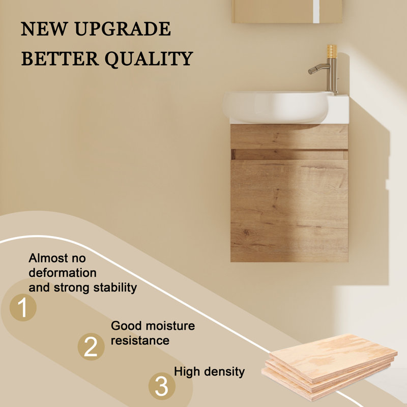 Hermanna 17" Wall Mounted Single Bathroom Vanity With Ceramic Top, Imitative Oak X