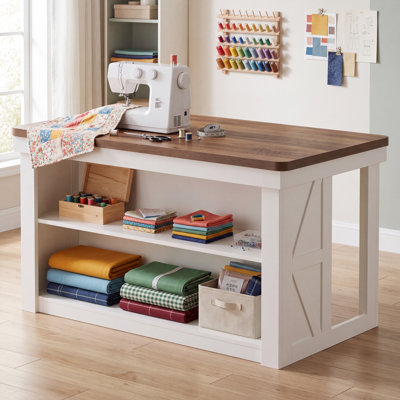 Table de couture artisanale avec tablettes de rangement ouvertes, surface de travail spacieuse et dégagement pour les jambes