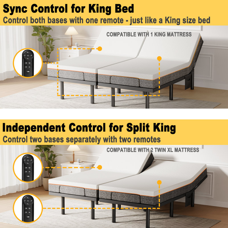 Structure de lit réglable avec télécommande sans fil, base réglable sans gravité, 4 ports USB, poches latérales amovibles, éclairage sous le lit et pieds réglables