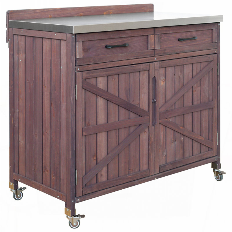 Armoire de cuisine d'extérieur 39,4 "avec plateau en acier inoxydable et porte-couteaux, Marron foncé