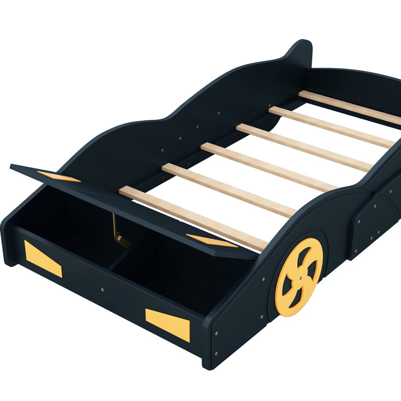 Lit de voiture de course simple bleu foncé avec espace de rangement, construction, aucun sommier nécessaire, compartiment de conception de plateforme fonctionnel et confortable, fabrication en bois pour le confort de la chambre à coucher