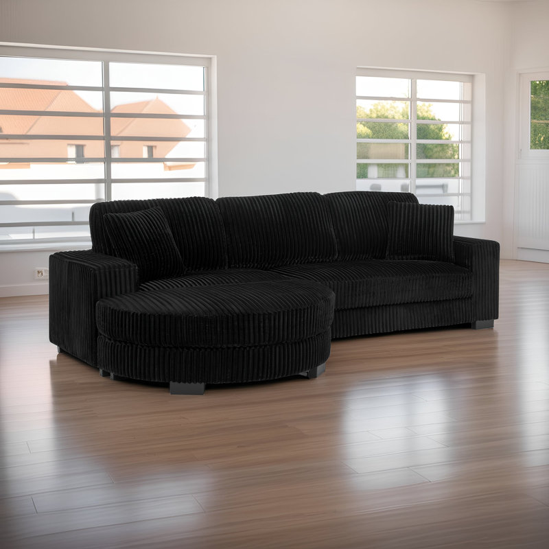 Canapé-lit modulaire convertible en L avec repose-pieds courbé en velours côtelé moelleux, Noir