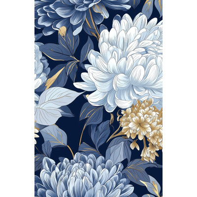 Navy Blue Chrysanthemum Wallpaper | Elegant Floral Wall Mural | Peel and Stick Roll