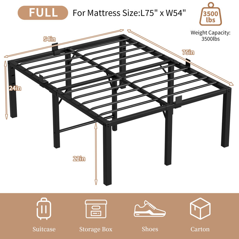 Cadre de lit double de 24 pouces de hauteur avec espace de rangement, sommier robuste et robuste, assemblage facile, aucun sommier tapissier requis, noir