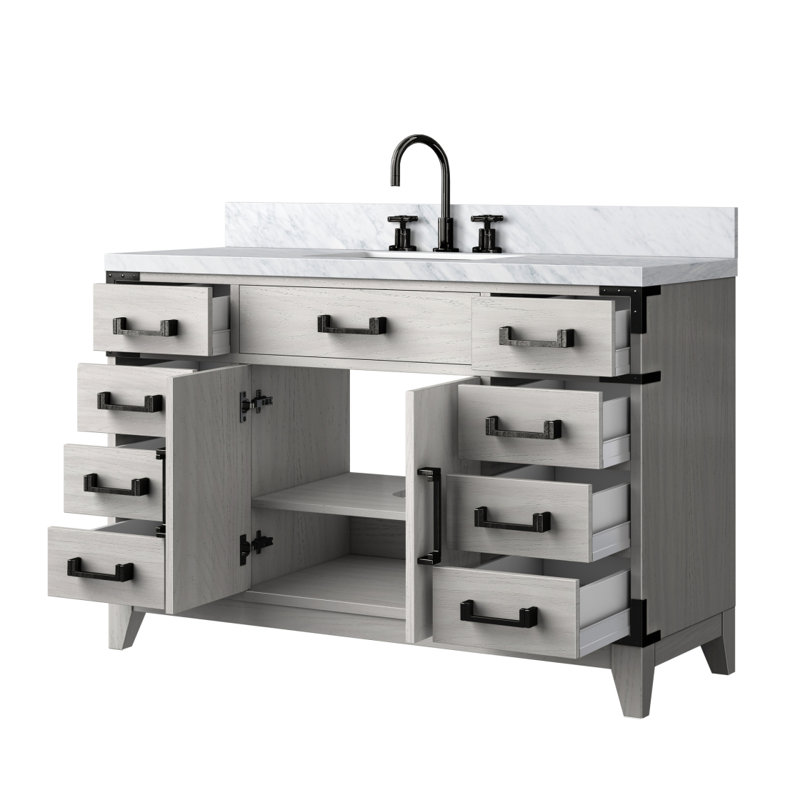 Meuble-lavabo simple en chêne blanc 48 po X P 22 po D, dessus en marbre de Carrare et ensemble de robinet, Chêne blanc
