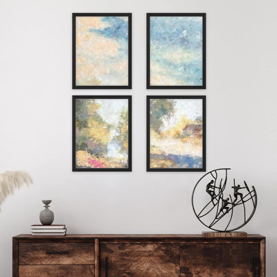 «Watercolor Forest Tree Landscape Collage», ensemble de 4 impressions murales géométriques abstraites encadrées sur papier, impression de 4 pièces