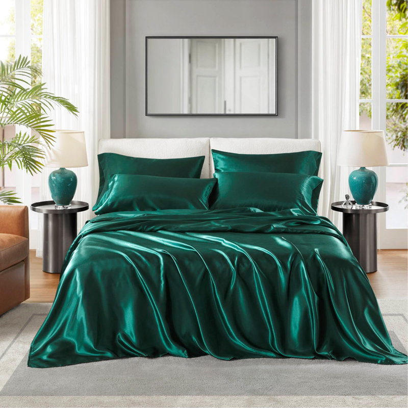 Satin Luxury Sheet Set, Queen Comforter + 3 Additional Pieces, Emerald