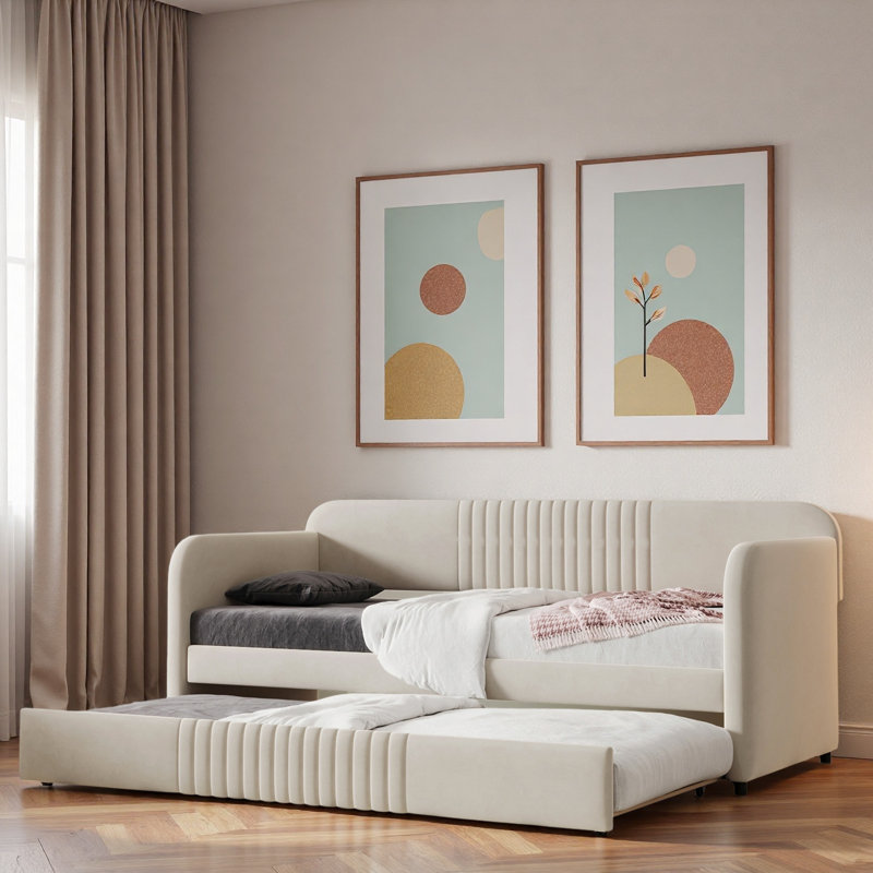 Upholstered Daybed With Trundle And Wood Slat, Beige