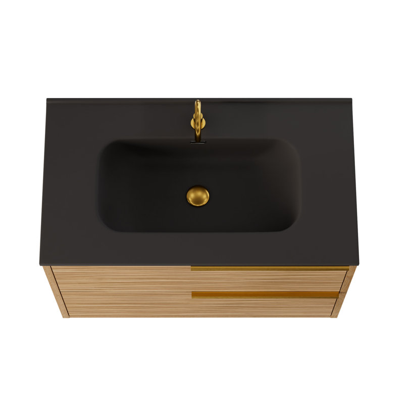 Kora 32" Bamboo Faux Finish Wall-Mounted Single Bathroom Vanity with Integrated Ceramic Top & Handles, Gold, 32"