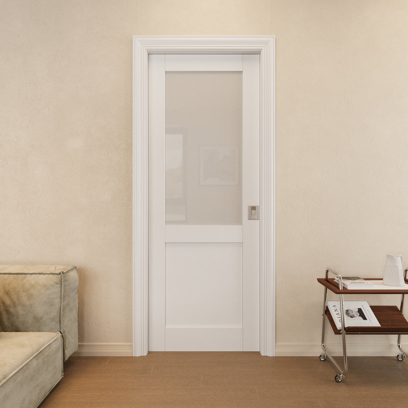Porte coulissante intérieure à panneau coulissant en verre givré avec porte de garde-manger à verrou solide, Blanc / argenté