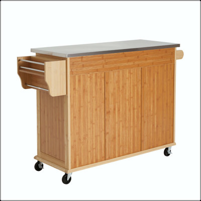 Indoor Bamboo Rolling Kitchen Island with Stainless Steel Top, 4 Drawers, and Towel Rack
