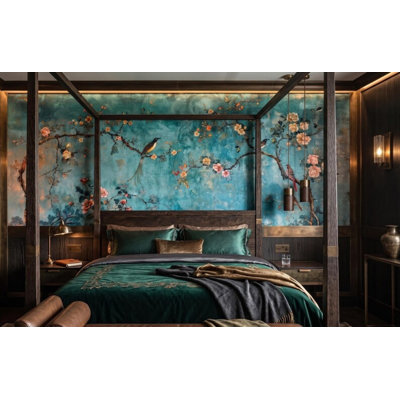 Teal Vintage Chinoiserie Blossom Branch Birds Floral Watercolor Wall Mural for Home Decor