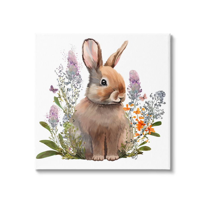 "Brown Bunny with Florals", art mural sur toile par Fab Funky, 36" H x 36" W