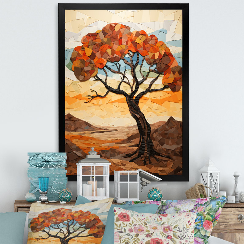 Cubiste, paysage africain 1 - arbre, art mural africain, Cadre photo noir simple, H 40 po x l 30 po x P 1,5 po