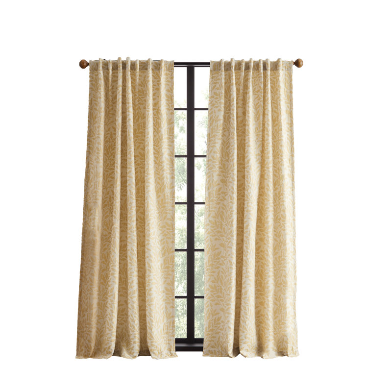 Elegant Gold Polyester Leaf Print Window Curtain Panel Pair
