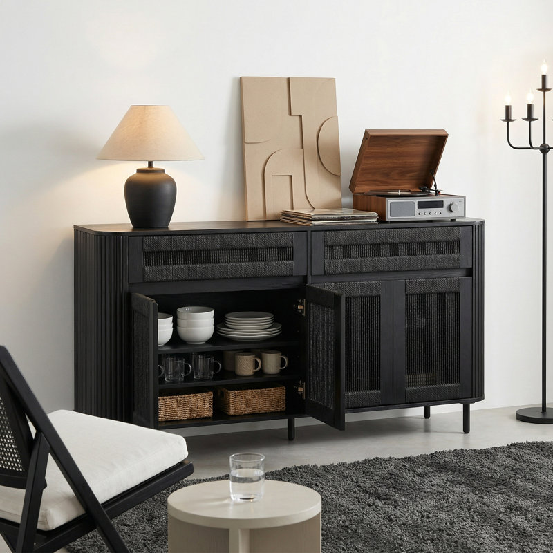 Cord Sideboard with 2-Drawer, 4 Doors and Shelves for Living Room, Kitchen, or Entryway, Black