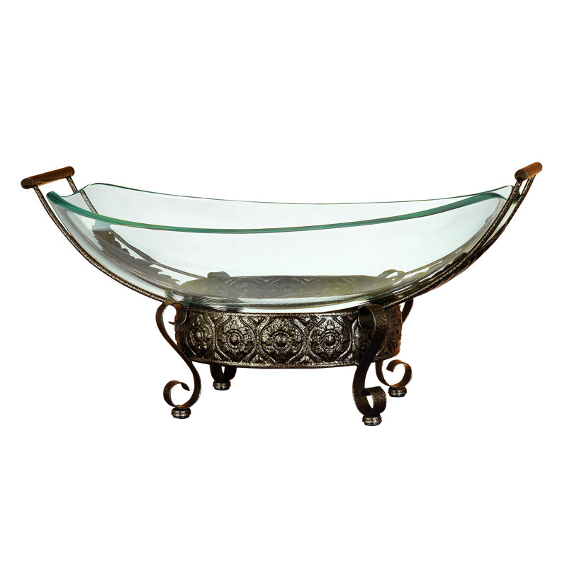 Aleiha Tempered Glass Kitchen Clear Serving Bowl with Brown Metal Scroll Base, 13" H x 23" W