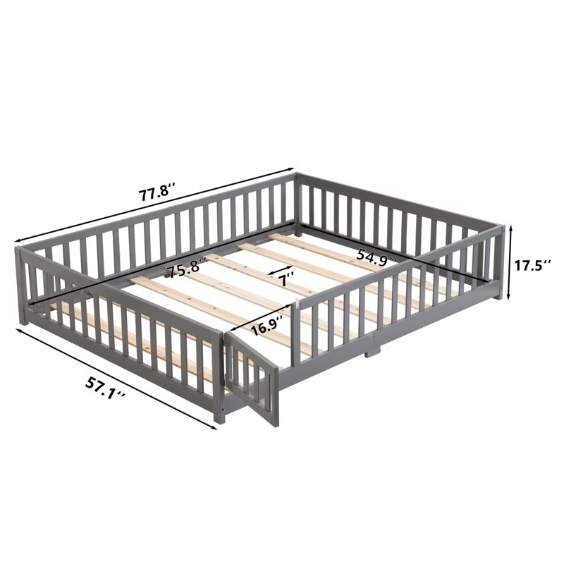 Floor Bed With Door,Solid Wood Platform Bed Frame With Fence,Suitable For Children,Pine Wood, Gray, Full