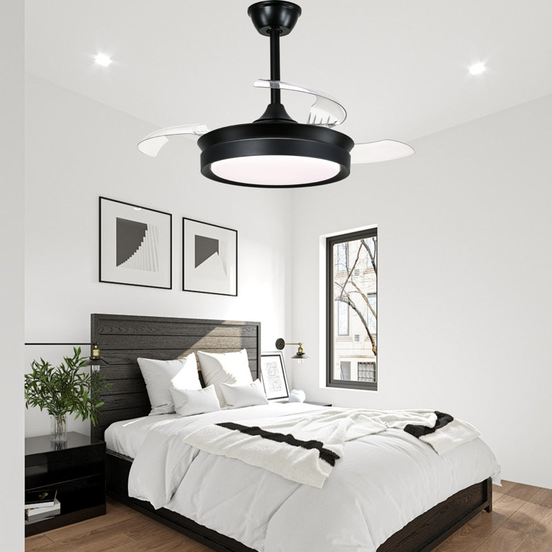 Ventilateur de plafond rétractable à DEL intégré 36 po Gerede, Noir avec pales noires
