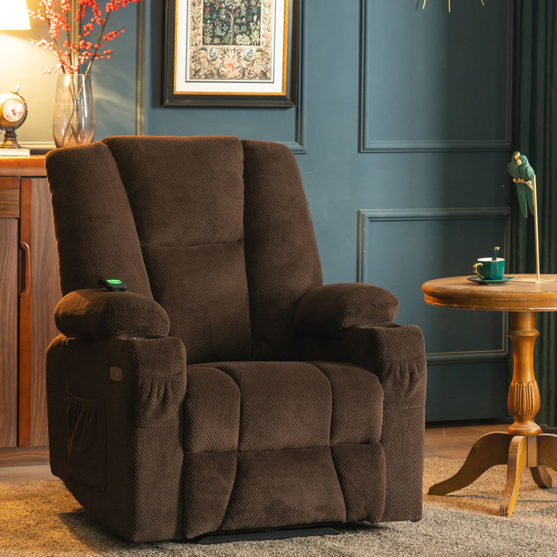 Fabric Electric Power Recliner Chair with Heat and Massage, USB Charge Ports, Extended Footrest, Brown Polyester Blend