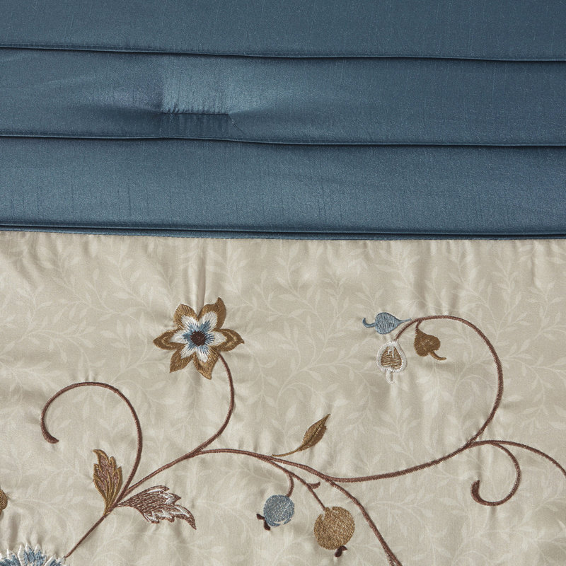 Édredon 7 pièces bleu marine - Grand motif brodé flamme flamme, Édredon de grande taille et 6 pièces supplément