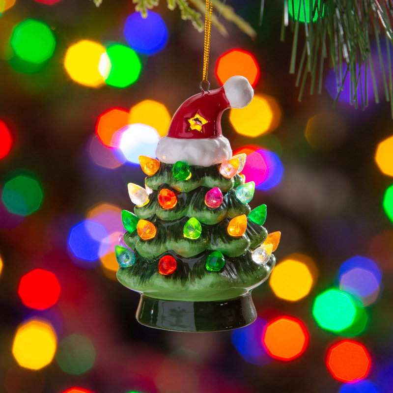 Ornement suspendu 4 po en forme d'arbre de Noël à DEL en céramique avec chapeau de père Noël