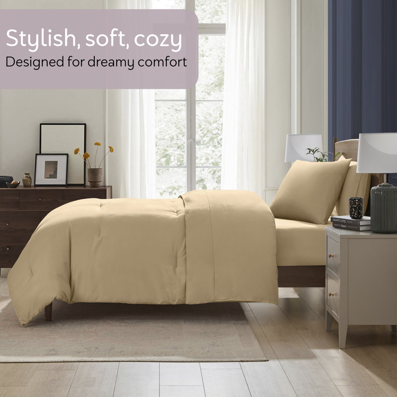 Soft Microfiber 5 Piece Comforter Set with Sheets, Beige, Twin Comforter + 4 Additional Pieces