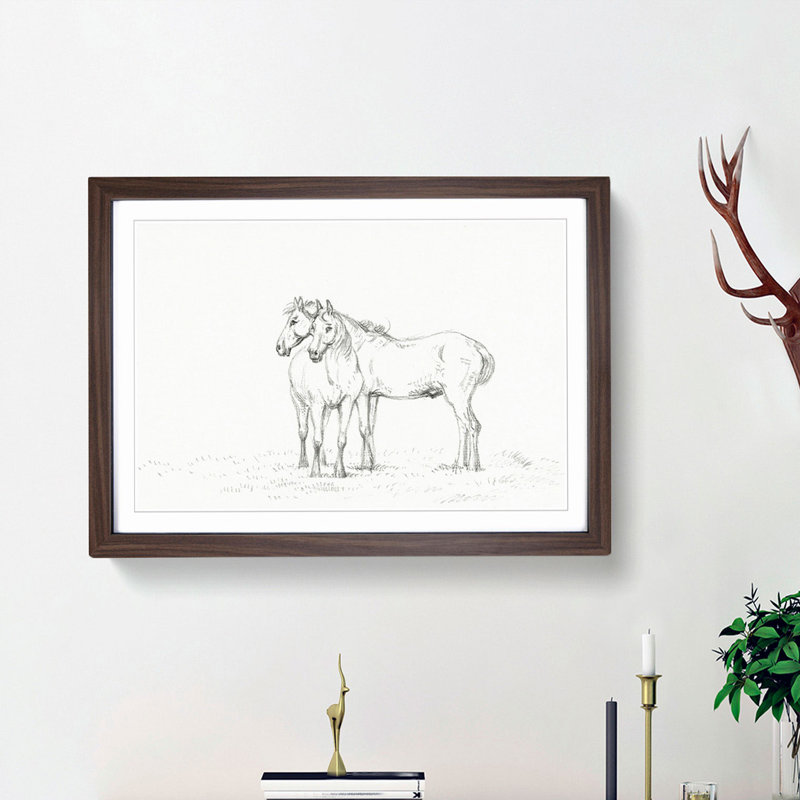 Sketch of Two Horses by Jean Bernard - Picture Frame Drawing Print, 36cm H x 48cm W x 2cm D, Walnut Framed