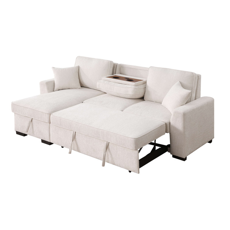 L-Shaped Sleeper Sofa Reversible Couch Pull Out Couch With Storage Chaise, Beige Chenille