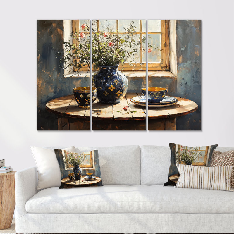 «Blue Fashion and Farmhouse Pottery Table II - Boho Pottery», ensemble de reproduction d'art mural, Toile tendue