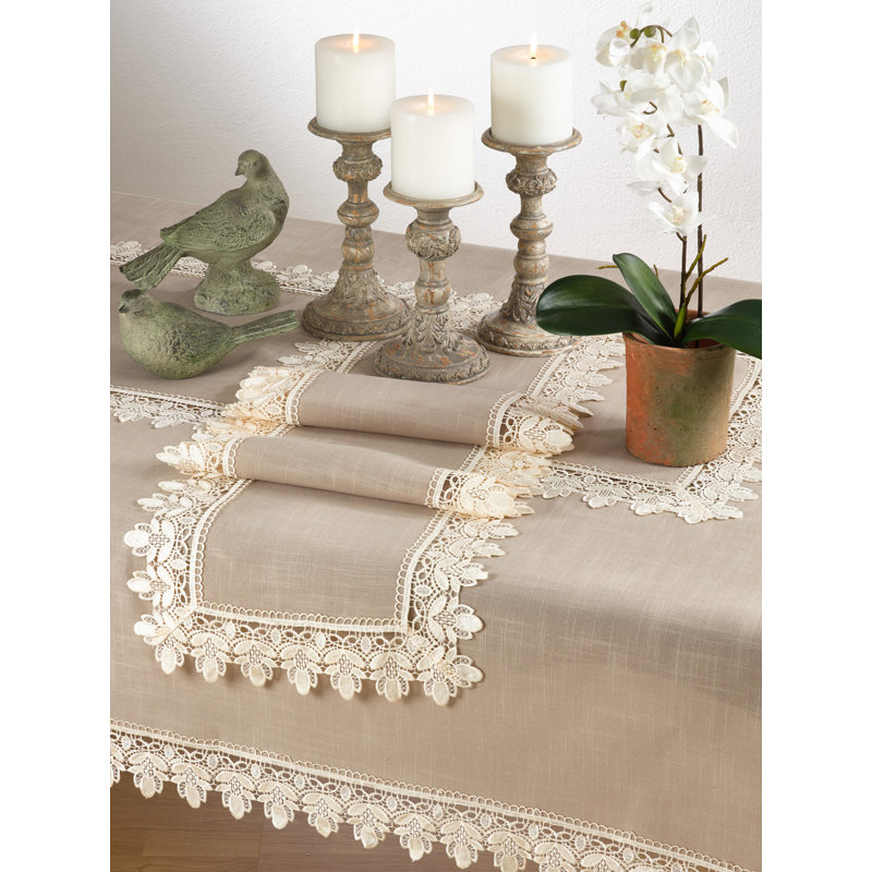 Venetto Lace Trimmed Elegant Table Runner , 72" L x 16" W, Taupe