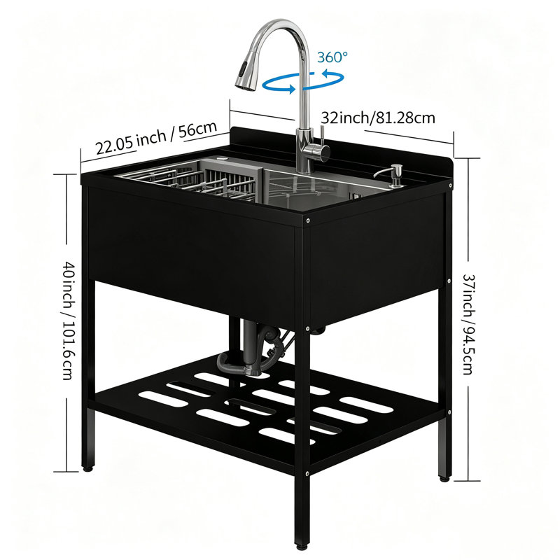 Évier de service autoportant 22,05 po x 32 po, lavabo d'extérieur à cuve simple en acier inoxydable 304 avec robinet rétractable