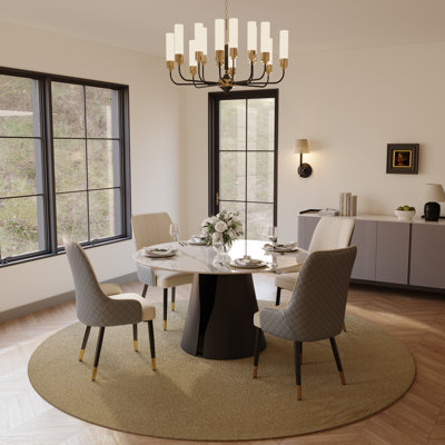  Ensemble de salle à manger 5 pièces, salle à manger ronde pré-assemblée, ensemble de table de salle à manger en pierre frittée brillante avec chaises rembourrées en polyuréthane