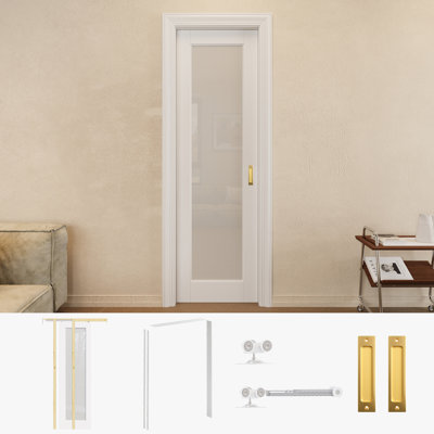 Porte de garde-robe coulissante en verre givré 1-Lite avec quincaillerie et cadre de porte blanche