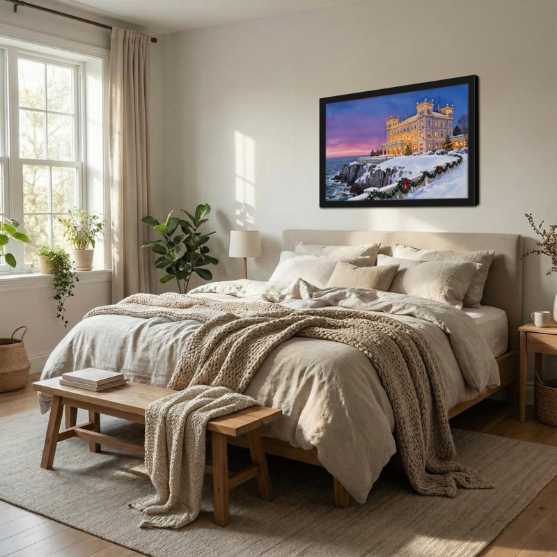 Château de Noël enneigé au crépuscule avec décorations de Noël, H 16 po x l 24 po