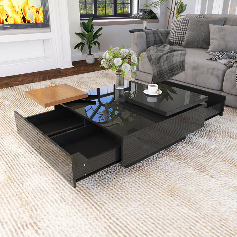 Modern Square Movable Top Coffee Table, Black