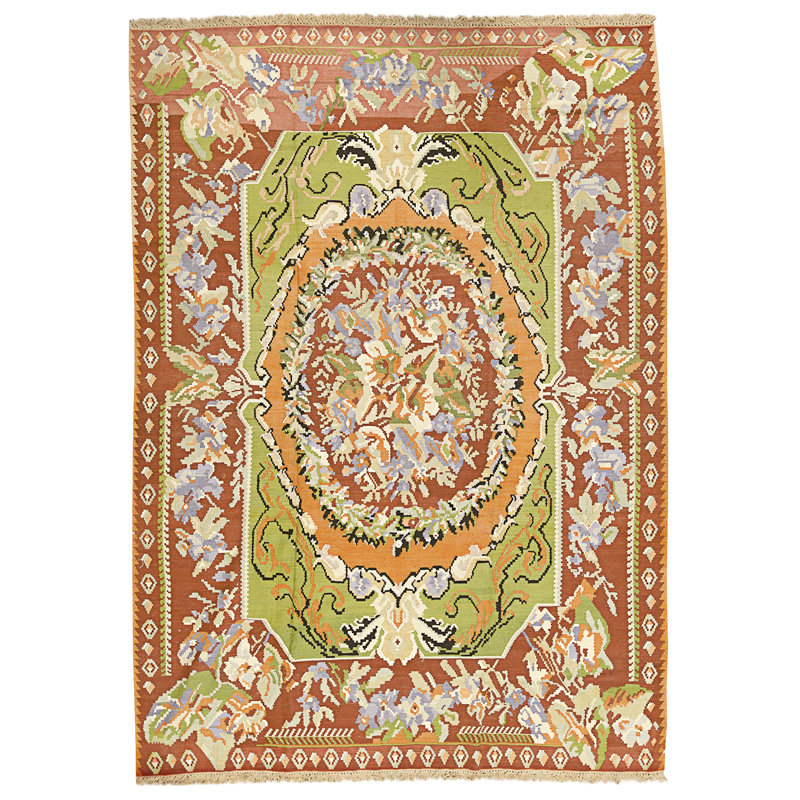 Tapis vert et multicolore de haute qualité noué à la main