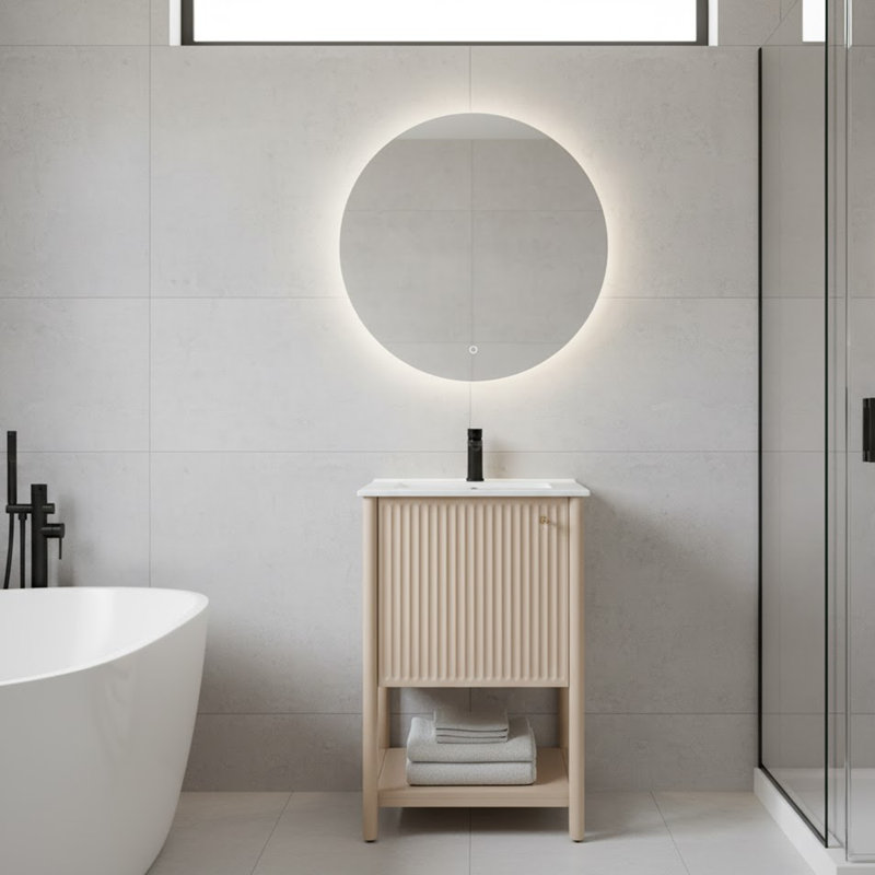Featuring a ceramic sink, freestanding single vanity