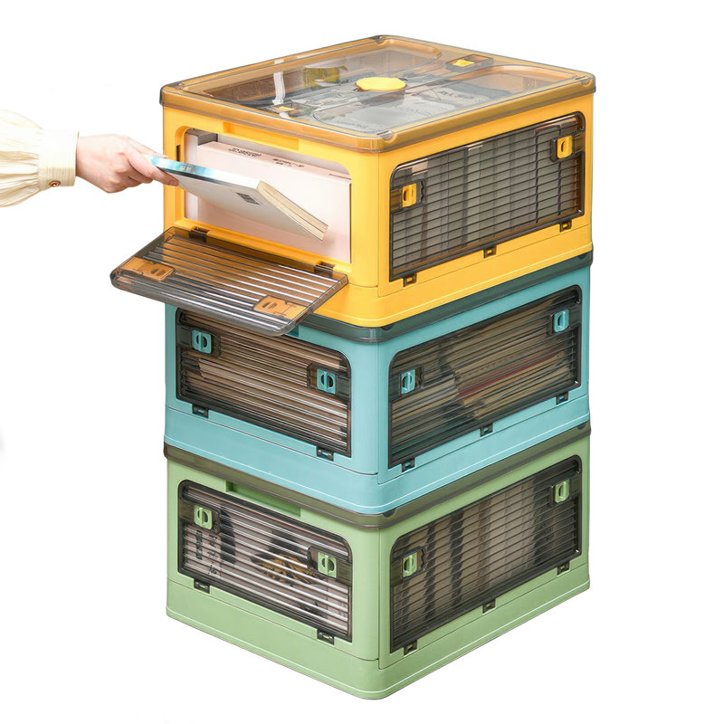 Medium Collapsible Storage Box Bin, 5 Side Clear Open Access Stackable w/ Lid, Wheels, Yellow/Blue/Green