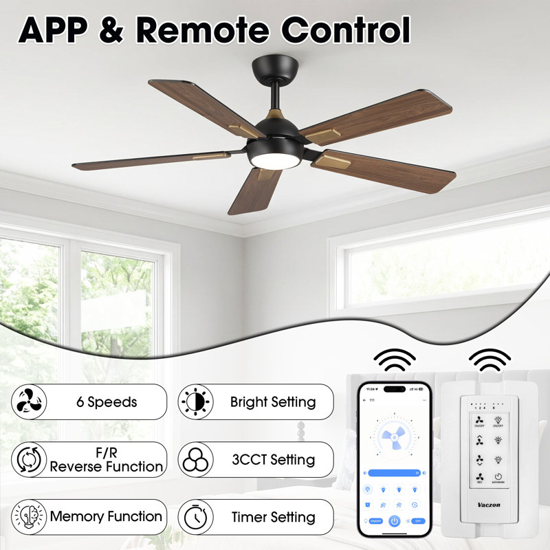 Vaczon 52" Smart Dimmable LED Ceiling Fan with 3CCT Lights, Remote/APP Control, Double-Sided Wood Blades, 6-Speed Reversible DC Motor, Adjustable Height