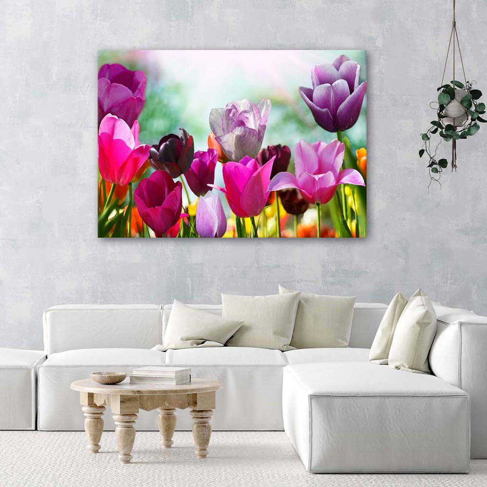 Leinwandbild Tulips Purple Flowers Nature