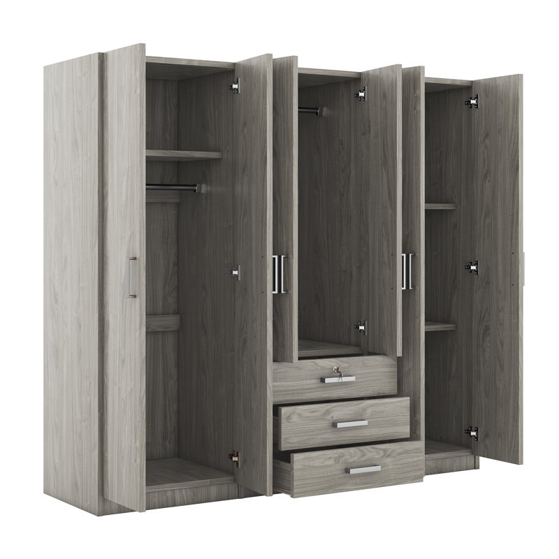 Armoire 6 portes en bois avec grands tiroirs pour chambre Kairo, Gris