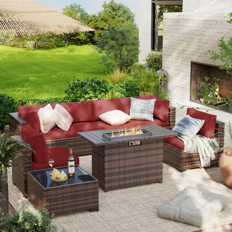 Ensemble de terrasses 8 pièces avec foyer Benboe, Structure brune / coussin bourgogne