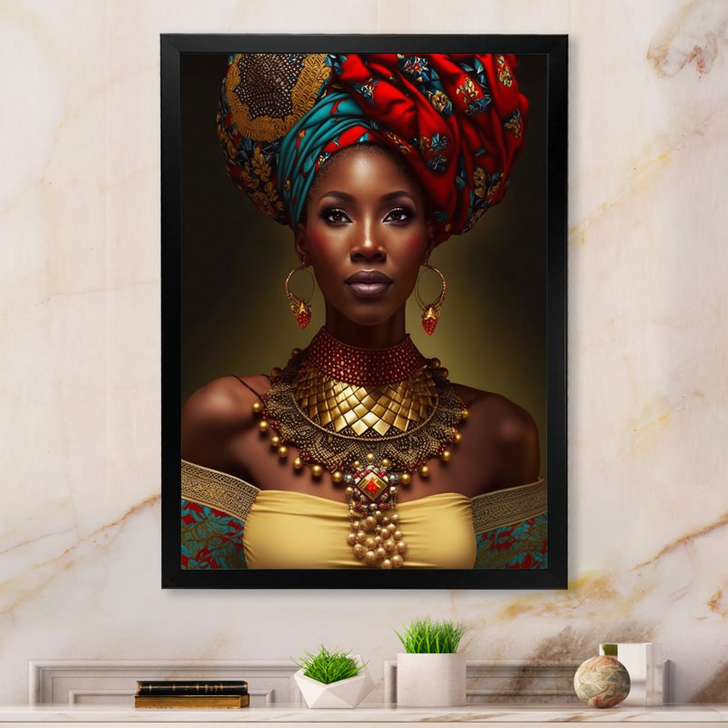 Cracraft «African Queen» avec collier doré traditionnel sur toile, Cadre photo noir, H 40 po x l 30 po x P 1,5 po